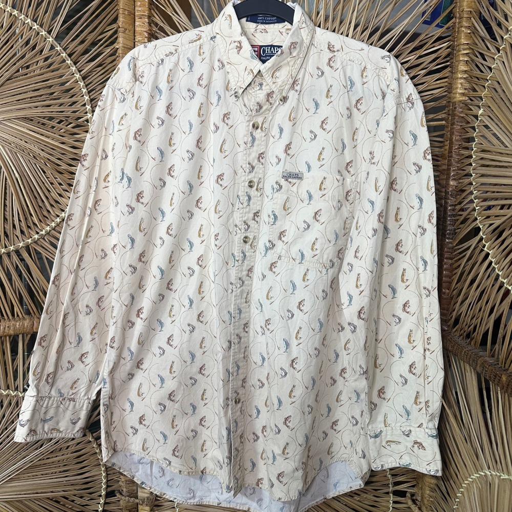 Chaps Ralph Lauren Mens M Vintage Fishing Print Cotton Button Down Shirt Cream - Picture 2 of 8